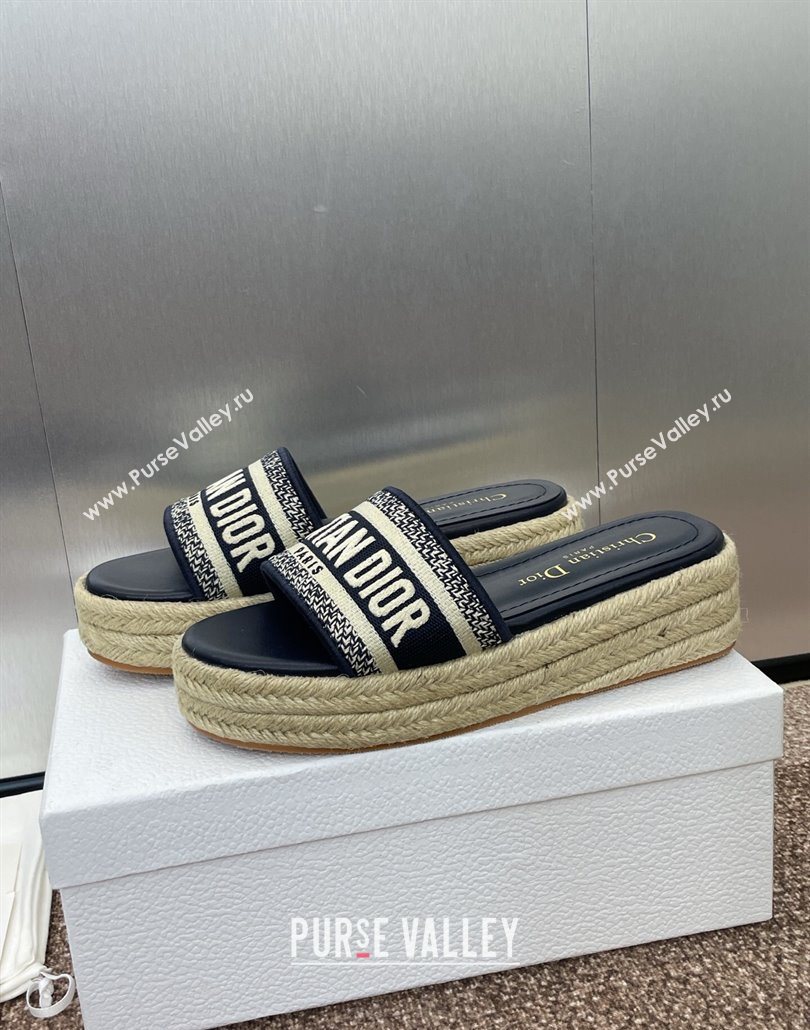 Dior Dway Platform Slides Sandal 4cm in Embroidered Cotton Deep Blue 2025 (JC-250605016)