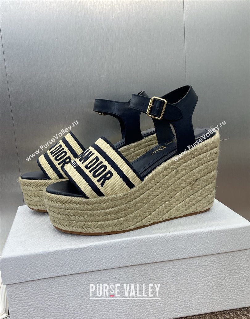 Dior Dway Wedge Sandals 10cm in Calfskin, Raffia Straw and Embroidered Cotton Beige/Blue 2025 (JC-250605022)