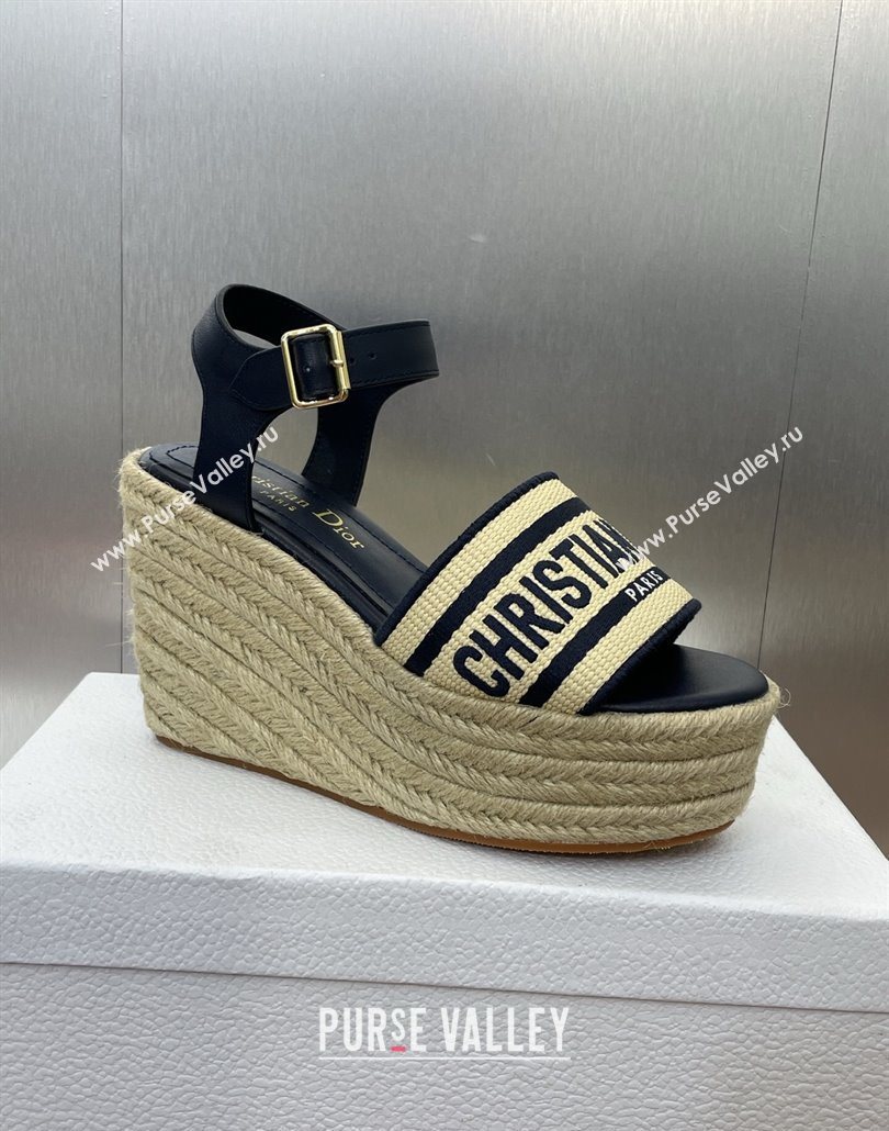 Dior Dway Wedge Sandals 10cm in Calfskin, Raffia Straw and Embroidered Cotton Beige/Blue 2025 (JC-250605022)