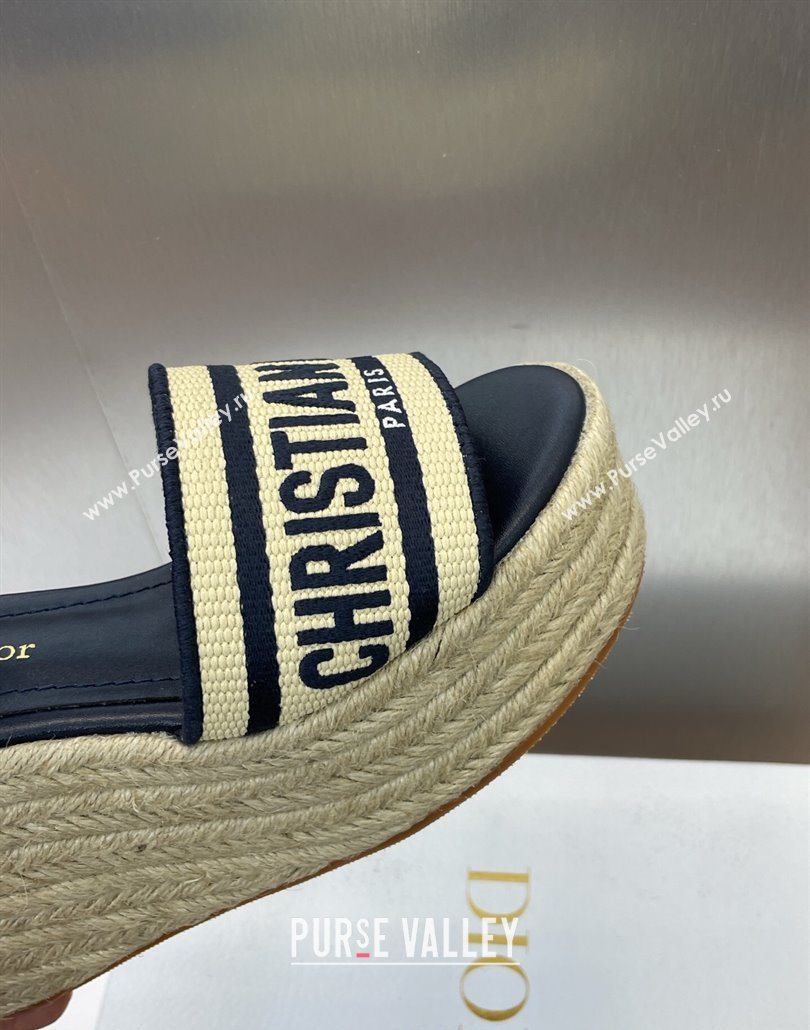 Dior Dway Wedge Sandals 10cm in Calfskin, Raffia Straw and Embroidered Cotton Beige/Blue 2025 (JC-250605022)