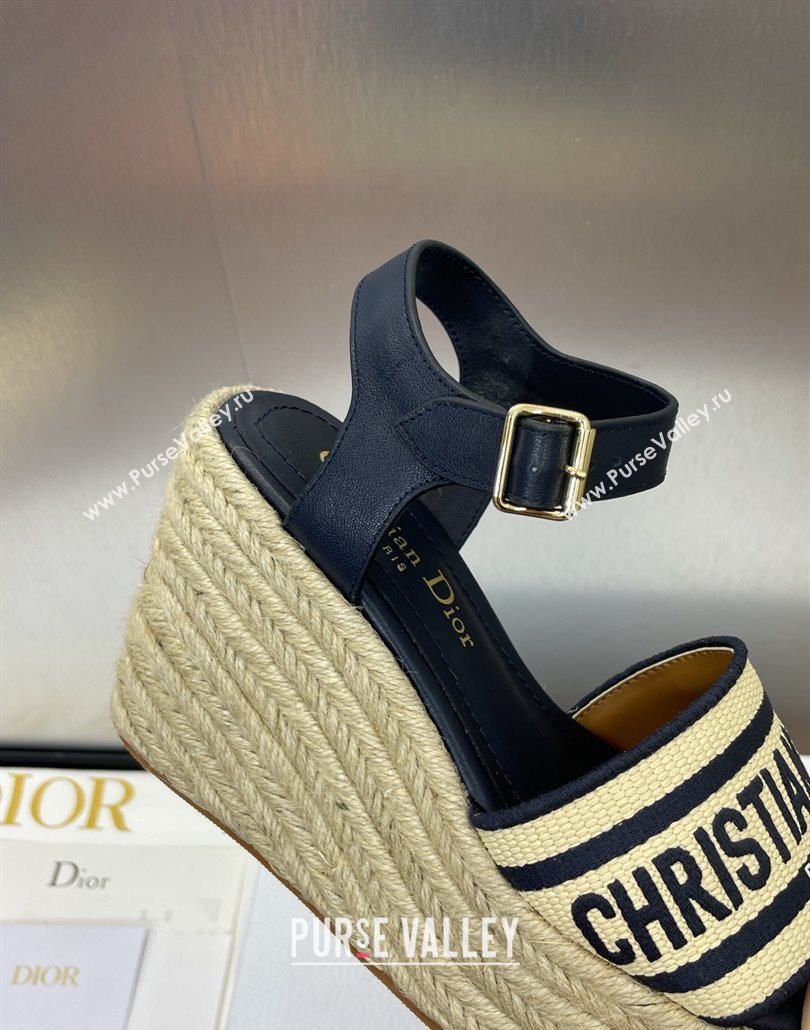 Dior Dway Wedge Sandals 10cm in Calfskin, Raffia Straw and Embroidered Cotton Beige/Blue 2025 (JC-250605022)