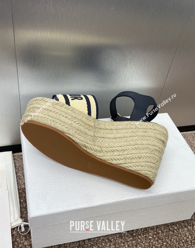 Dior Dway Wedge Sandals 10cm in Calfskin, Raffia Straw and Embroidered Cotton Beige/Blue 2025 (JC-250605022)
