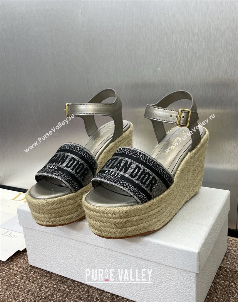 Dior Dway Wedge Sandals 10cm in Calfskin and Embroidered Cotton Silver Grey 2025 (JC-250605023)