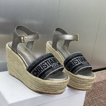 Dior Dway Wedge Sandals 10cm in Calfskin and Embroidered Cotton Silver Grey 2025 (JC-250605023)