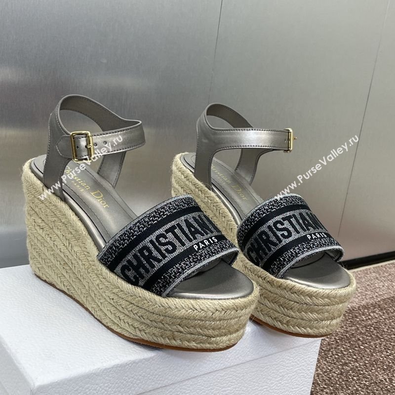 Dior Dway Wedge Sandals 10cm in Calfskin and Embroidered Cotton Silver Grey 2025 (JC-250605023)