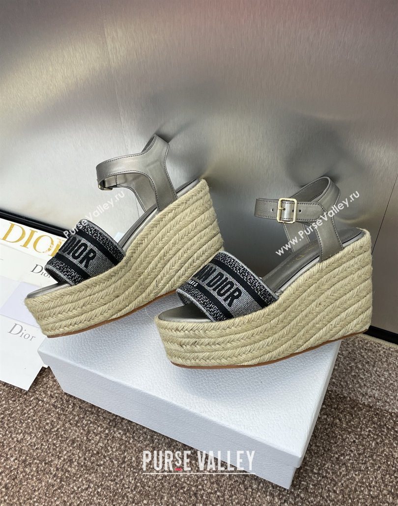 Dior Dway Wedge Sandals 10cm in Calfskin and Embroidered Cotton Silver Grey 2025 (JC-250605023)