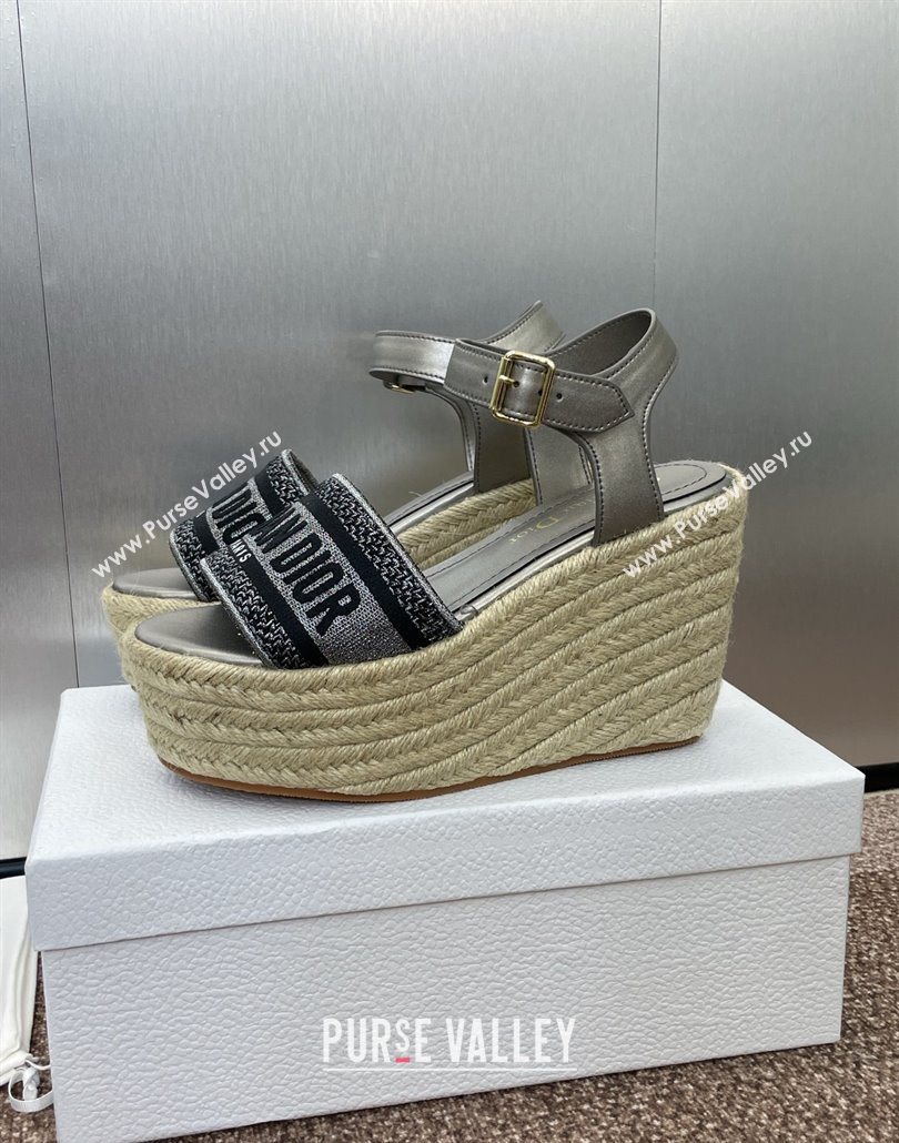 Dior Dway Wedge Sandals 10cm in Calfskin and Embroidered Cotton Silver Grey 2025 (JC-250605023)