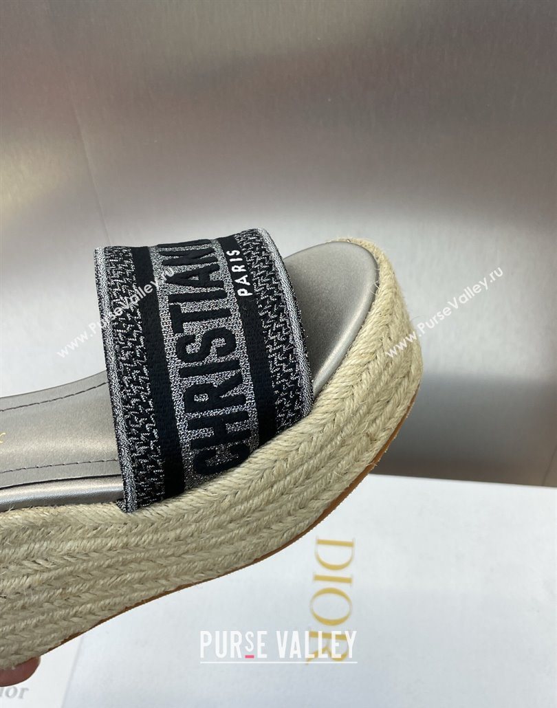 Dior Dway Wedge Sandals 10cm in Calfskin and Embroidered Cotton Silver Grey 2025 (JC-250605023)