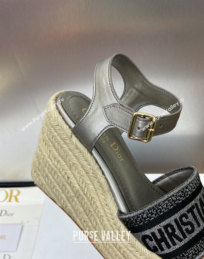 Dior Dway Wedge Sandals 10cm in Calfskin and Embroidered Cotton Silver Grey 2025 (JC-250605023)