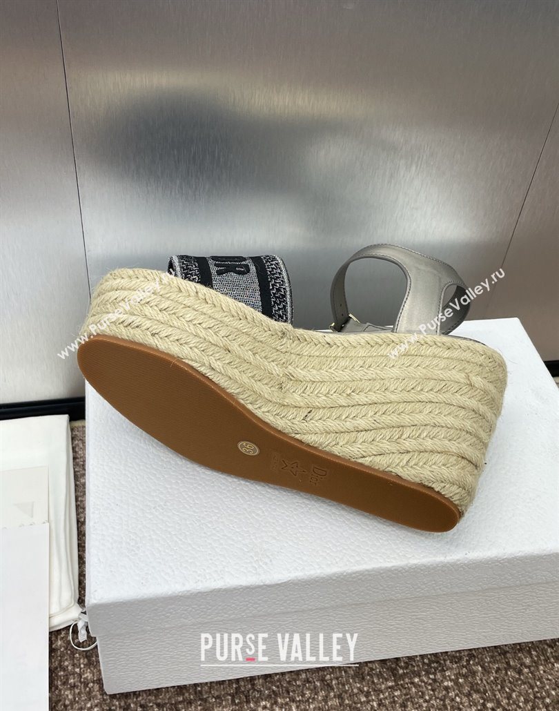 Dior Dway Wedge Sandals 10cm in Calfskin and Embroidered Cotton Silver Grey 2025 (JC-250605023)