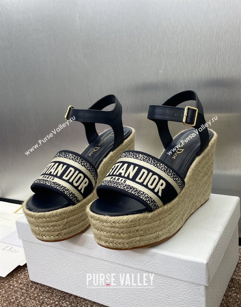 Dior Dway Wedge Sandals 10cm in Calfskin and Embroidered Cotton Deep Blue 2025 (JC-250605024)