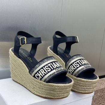 Dior Dway Wedge Sandals 10cm in Calfskin and Embroidered Cotton Deep Blue 2025 (JC-250605024)