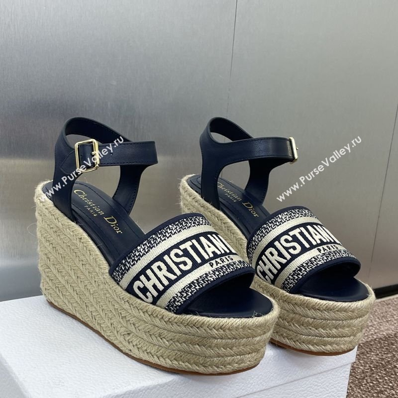 Dior Dway Wedge Sandals 10cm in Calfskin and Embroidered Cotton Deep Blue 2025 (JC-250605024)