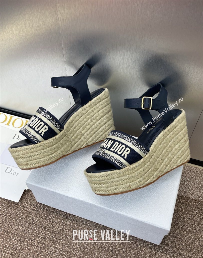 Dior Dway Wedge Sandals 10cm in Calfskin and Embroidered Cotton Deep Blue 2025 (JC-250605024)