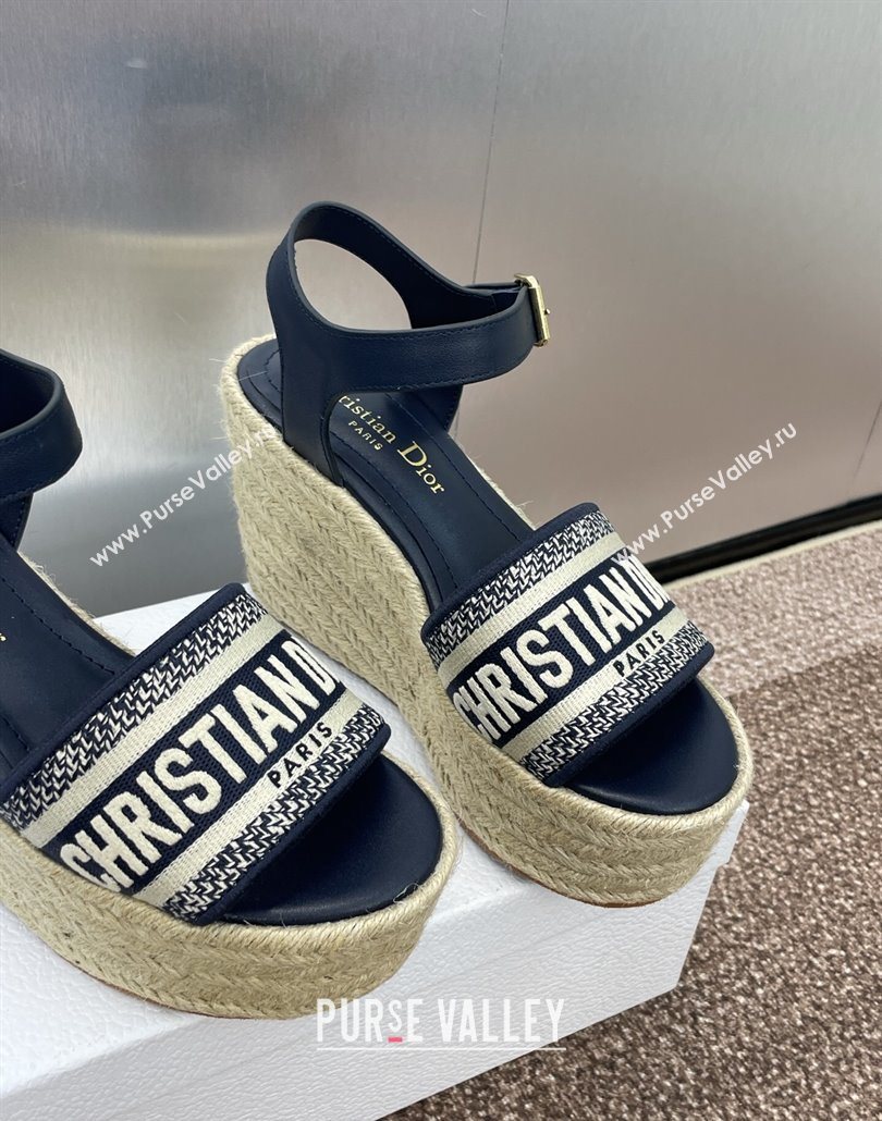 Dior Dway Wedge Sandals 10cm in Calfskin and Embroidered Cotton Deep Blue 2025 (JC-250605024)