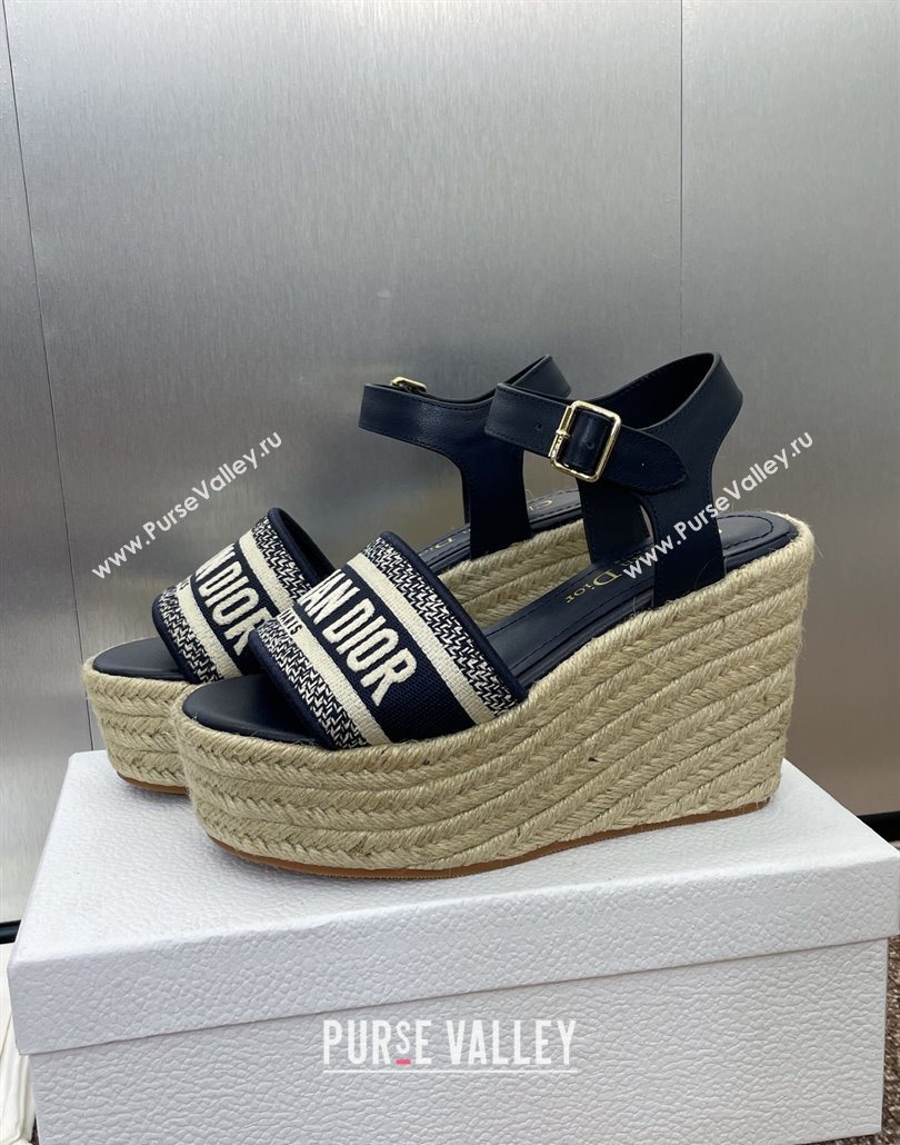 Dior Dway Wedge Sandals 10cm in Calfskin and Embroidered Cotton Deep Blue 2025 (JC-250605024)