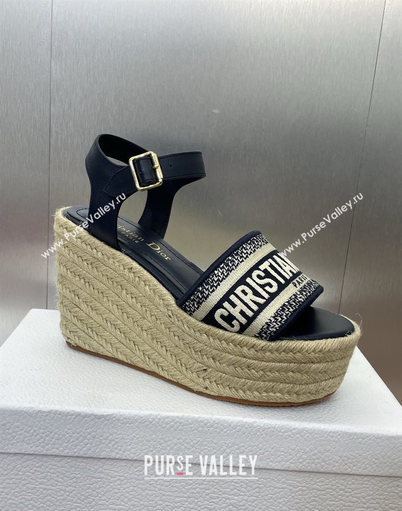 Dior Dway Wedge Sandals 10cm in Calfskin and Embroidered Cotton Deep Blue 2025 (JC-250605024)