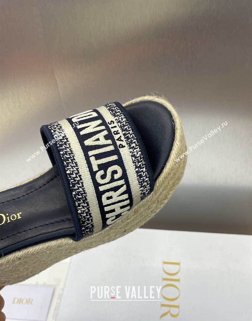 Dior Dway Wedge Sandals 10cm in Calfskin and Embroidered Cotton Deep Blue 2025 (JC-250605024)