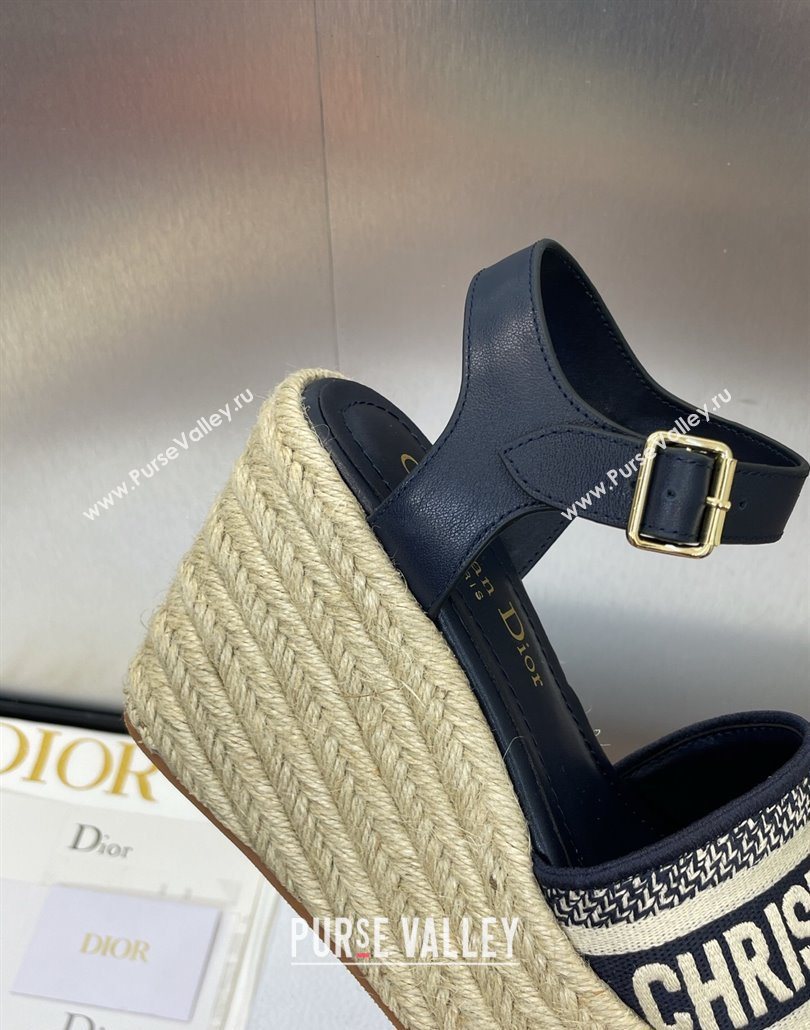 Dior Dway Wedge Sandals 10cm in Calfskin and Embroidered Cotton Deep Blue 2025 (JC-250605024)