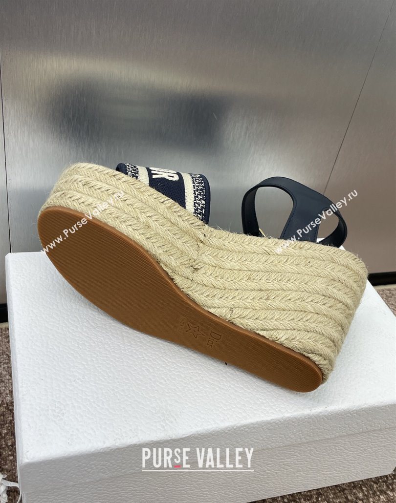 Dior Dway Wedge Sandals 10cm in Calfskin and Embroidered Cotton Deep Blue 2025 (JC-250605024)
