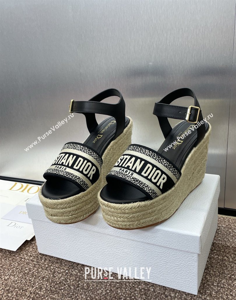 Dior Dway Wedge Sandals 10cm in Calfskin and Embroidered Cotton Black2 2025 (JC-250605025)