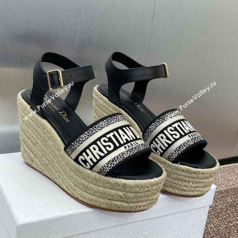 Dior Dway Wedge Sandals 10cm in Calfskin and Embroidered Cotton Black2 2025 (JC-250605025)