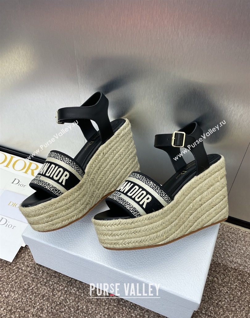 Dior Dway Wedge Sandals 10cm in Calfskin and Embroidered Cotton Black2 2025 (JC-250605025)
