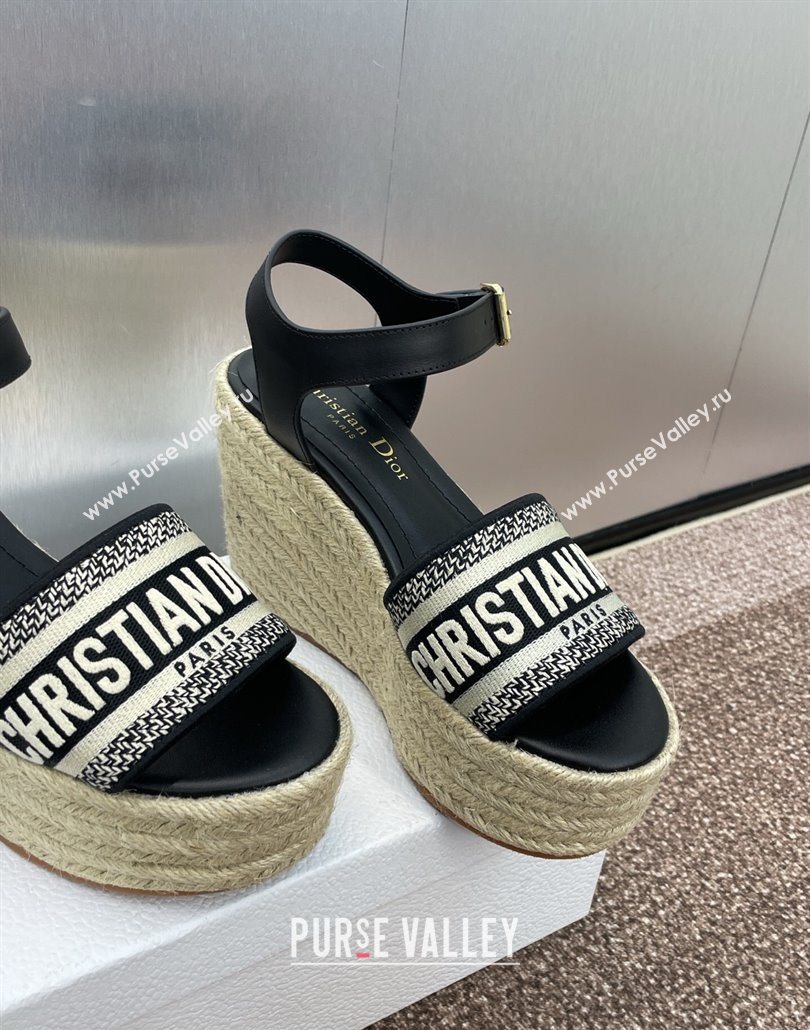 Dior Dway Wedge Sandals 10cm in Calfskin and Embroidered Cotton Black2 2025 (JC-250605025)