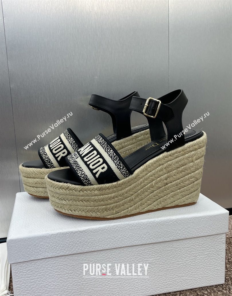 Dior Dway Wedge Sandals 10cm in Calfskin and Embroidered Cotton Black2 2025 (JC-250605025)
