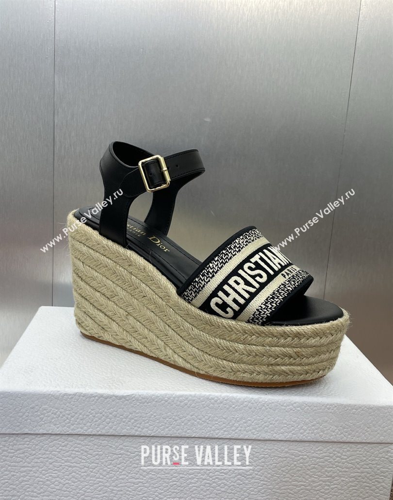 Dior Dway Wedge Sandals 10cm in Calfskin and Embroidered Cotton Black2 2025 (JC-250605025)