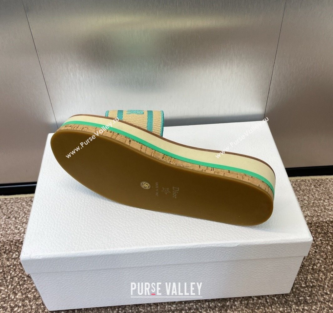 Dior Dway Wood Platform Slides Sandal 4cm in Raffia and Embroidered Cotton Beige/Green 2025 (MD-250425077)