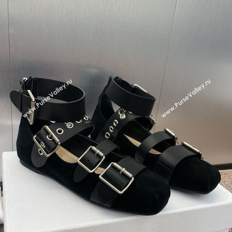Dior Punk Ballet Flats in Suede with Buckle and Amkle Strap Black 2025 (MD-250425062)