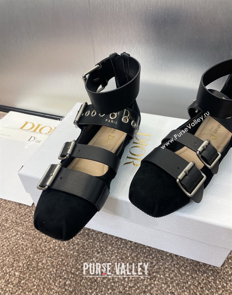 Dior Punk Ballet Flats in Suede with Buckle and Amkle Strap Black 2025 (MD-250425062)