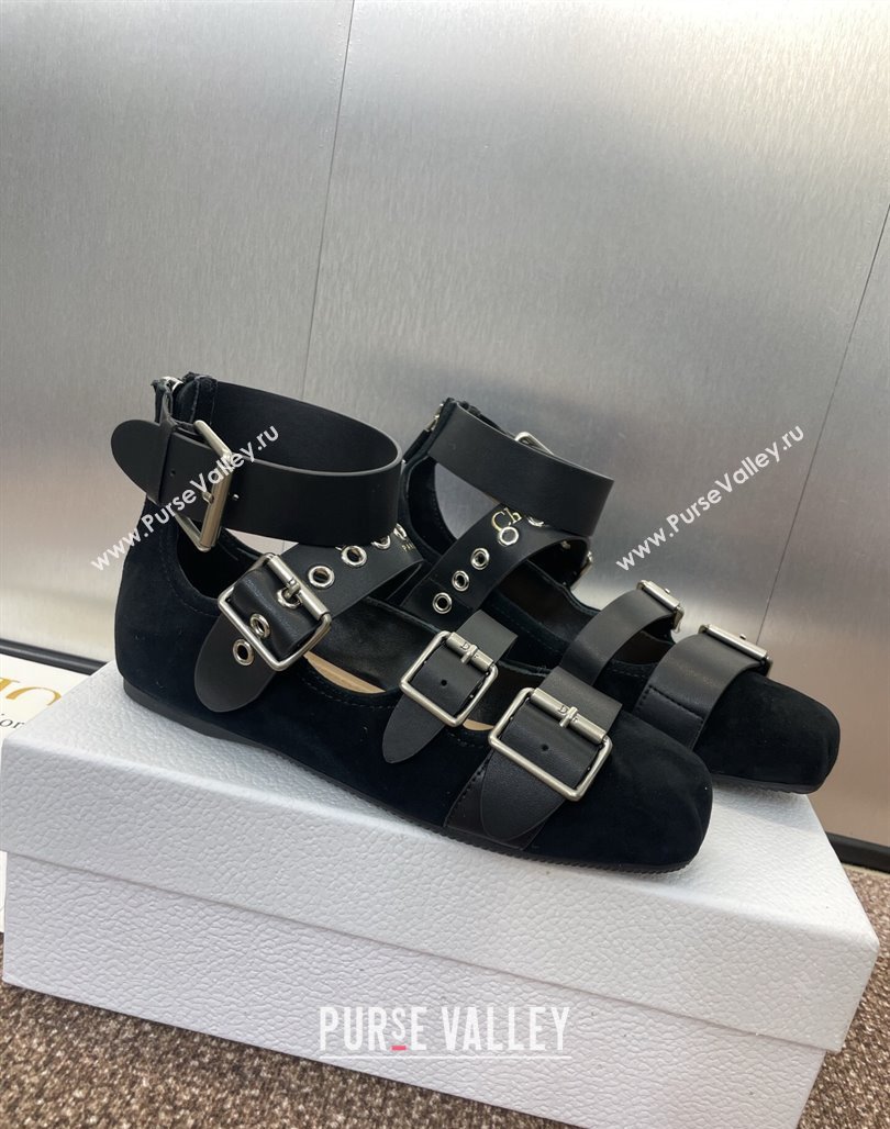 Dior Punk Ballet Flats in Suede with Buckle and Amkle Strap Black 2025 (MD-250425062)