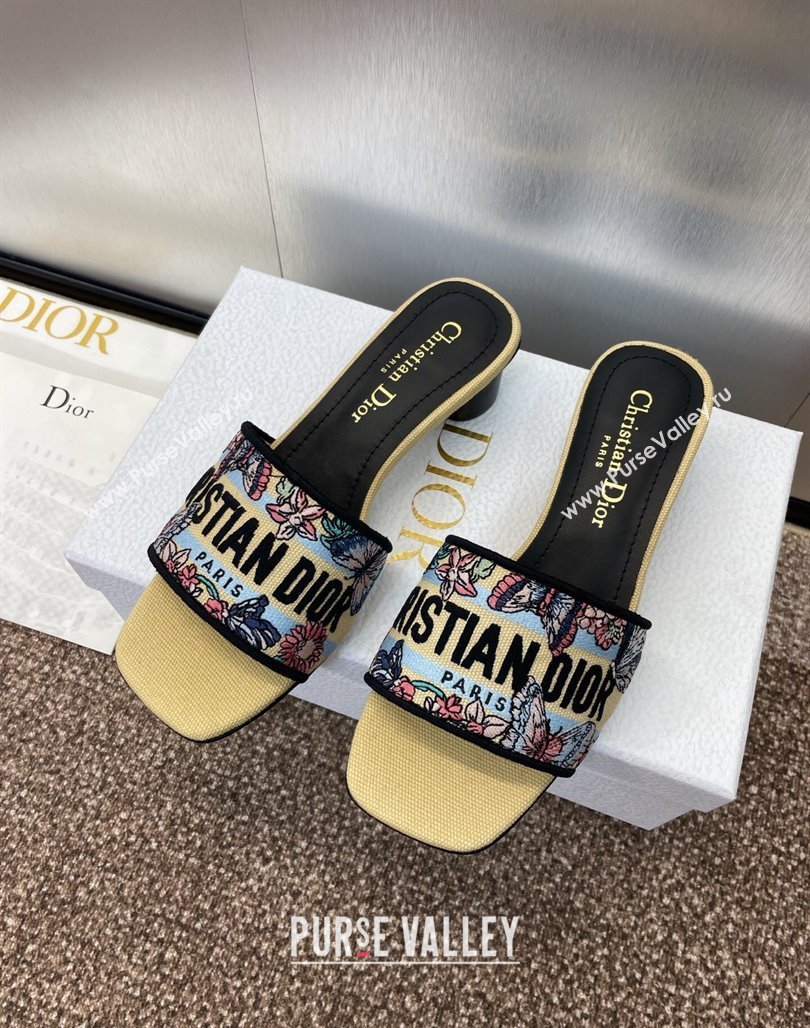Dior Dway Heel Slides Sandal 4.5cm in Embroidered Cotton with Multicolor Toile de Jouy Papillon Motif Yellow 2025 (MD-250425078)
