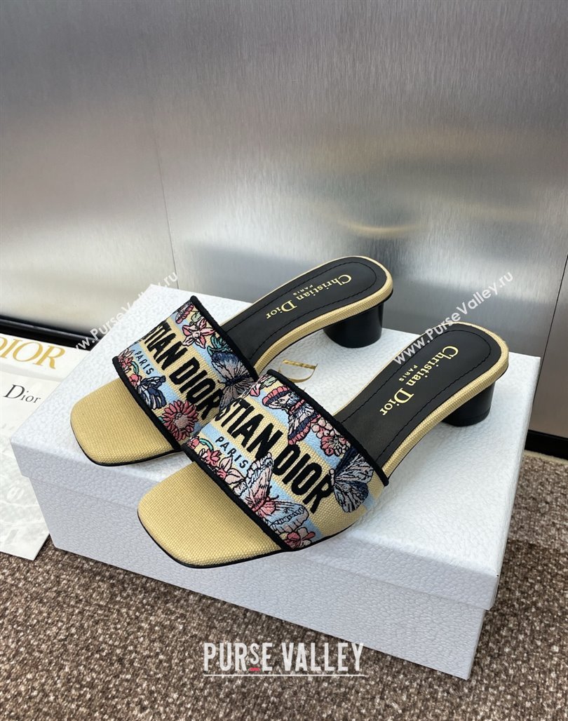 Dior Dway Heel Slides Sandal 4.5cm in Embroidered Cotton with Multicolor Toile de Jouy Papillon Motif Yellow 2025 (MD-250425078)