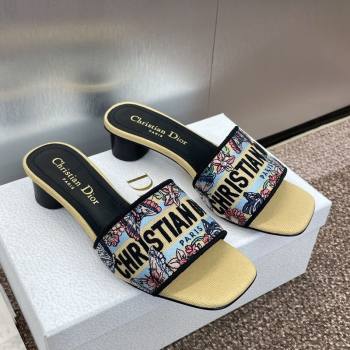 Dior Dway Heel Slides Sandal 4.5cm in Embroidered Cotton with Multicolor Toile de Jouy Papillon Motif Yellow 2025 (MD-250425078)