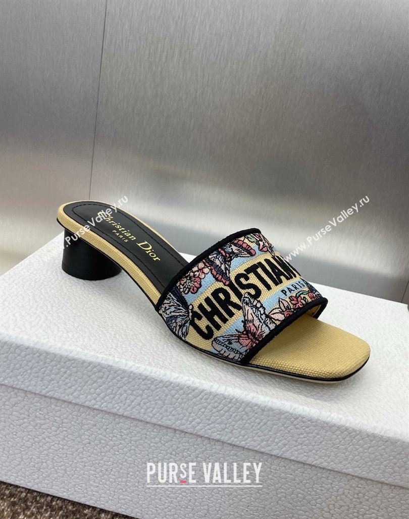 Dior Dway Heel Slides Sandal 4.5cm in Embroidered Cotton with Multicolor Toile de Jouy Papillon Motif Yellow 2025 (MD-250425078)