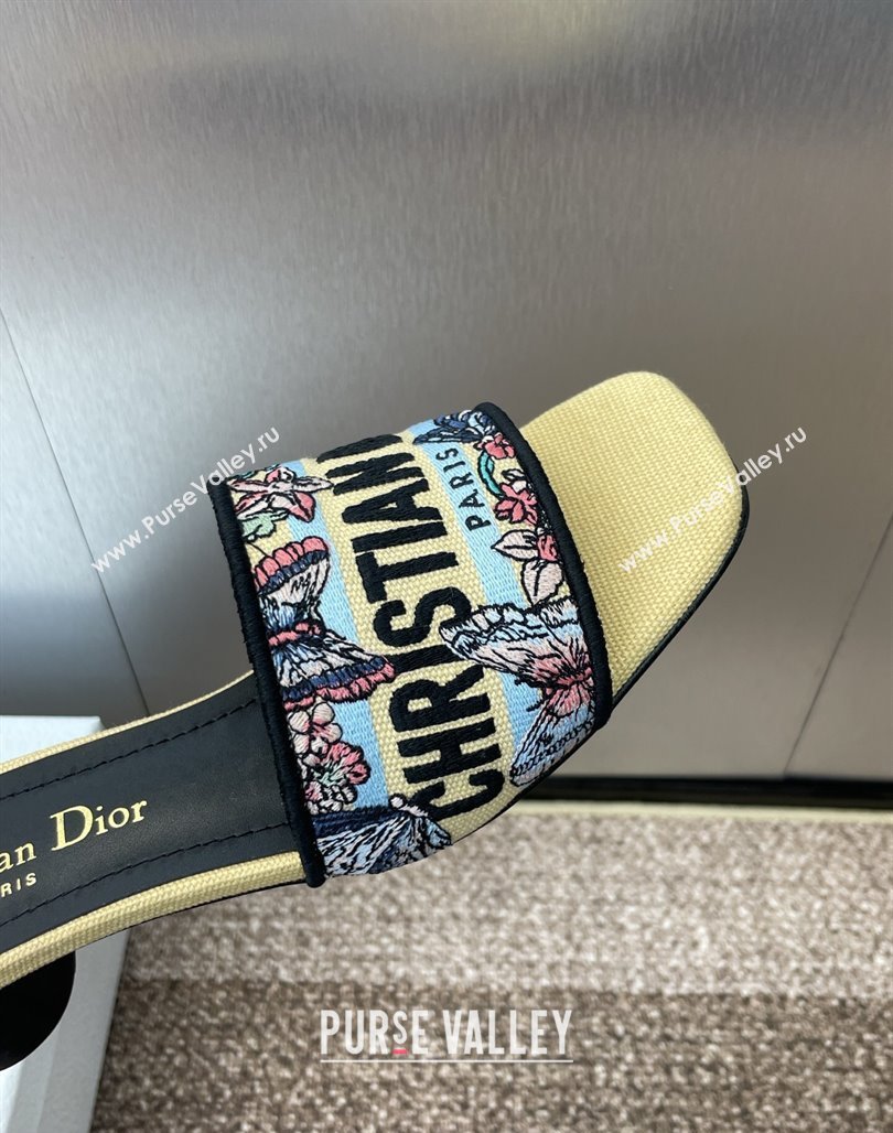 Dior Dway Heel Slides Sandal 4.5cm in Embroidered Cotton with Multicolor Toile de Jouy Papillon Motif Yellow 2025 (MD-250425078)
