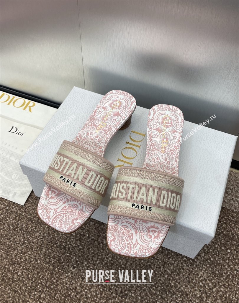 Dior Dway Heel Slides Sandal 4.5cm in Embroidered Cotton with D-Butterfly Paisley Motif Light Pink 2025 (MD-250425079)