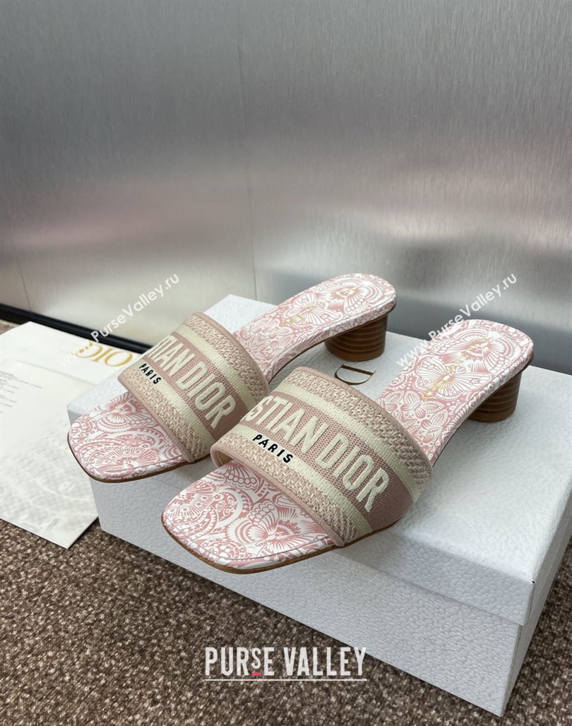 Dior Dway Heel Slides Sandal 4.5cm in Embroidered Cotton with D-Butterfly Paisley Motif Light Pink 2025 (MD-250425079)