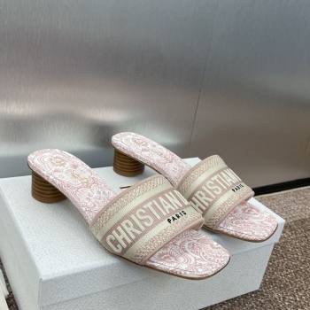 Dior Dway Heel Slides Sandal 4.5cm in Embroidered Cotton with D-Butterfly Paisley Motif Light Pink 2025 (MD-250425079)