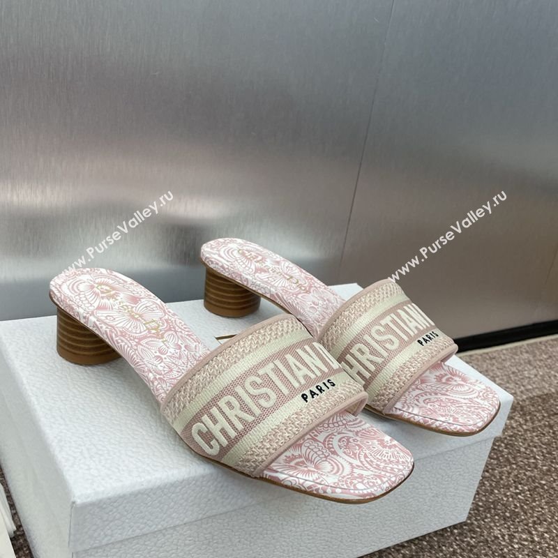 Dior Dway Heel Slides Sandal 4.5cm in Embroidered Cotton with D-Butterfly Paisley Motif Light Pink 2025 (MD-250425079)