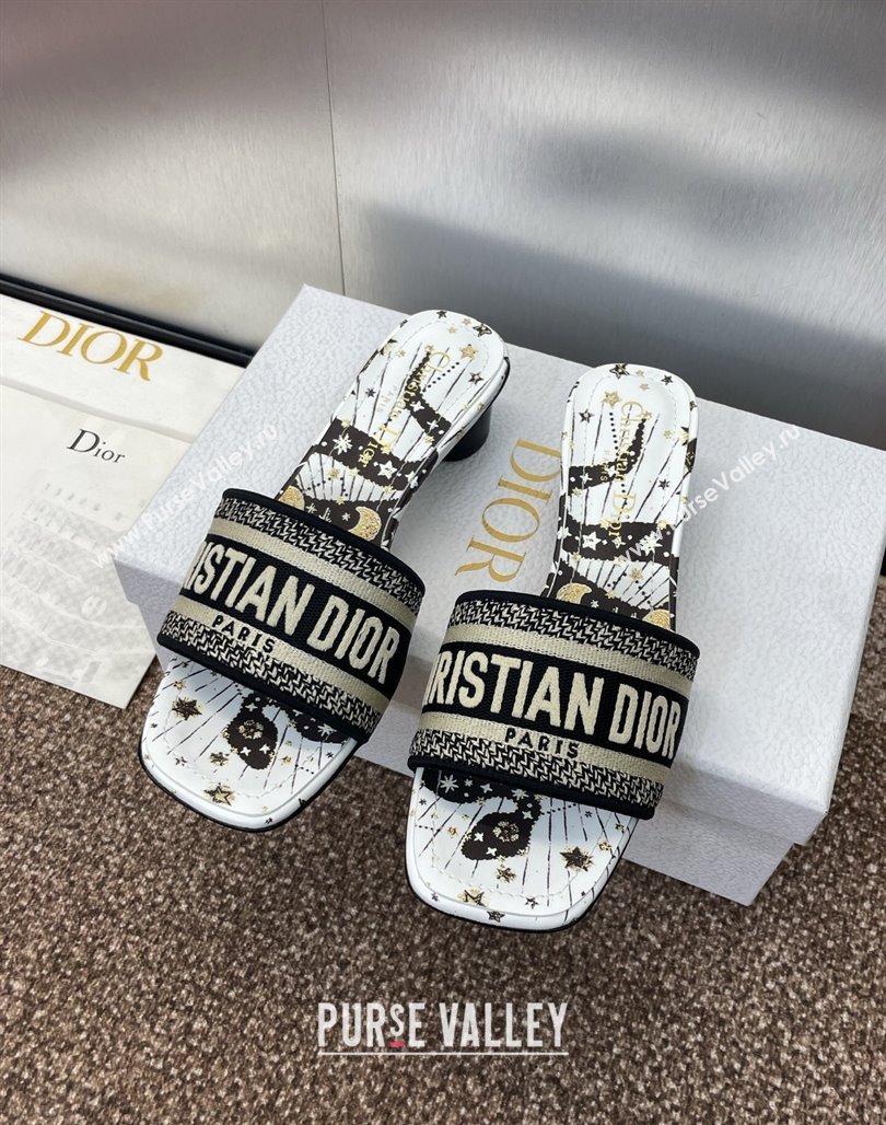 Dior Dway Heel Slides Sandal 4.5cm in Embroidered Cotton with Black and Beige Astral Motif 2025 (MD-250425080)