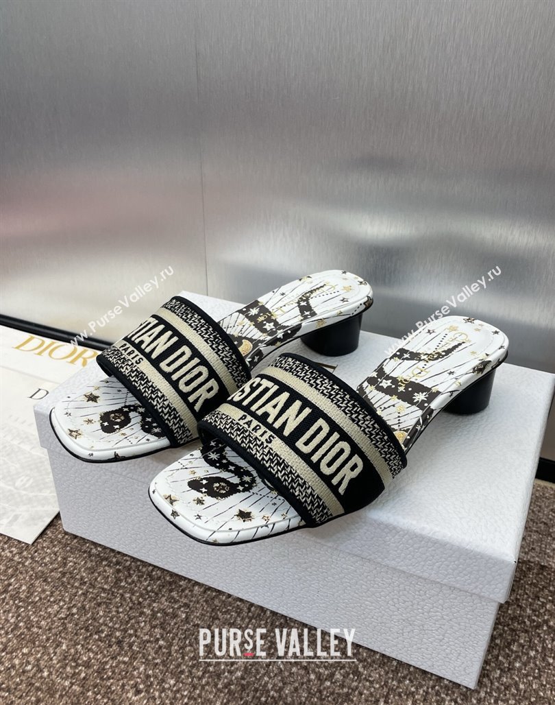 Dior Dway Heel Slides Sandal 4.5cm in Embroidered Cotton with Black and Beige Astral Motif 2025 (MD-250425080)