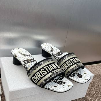 Dior Dway Heel Slides Sandal 4.5cm in Embroidered Cotton with Black and Beige Astral Motif 2025 (MD-250425080)