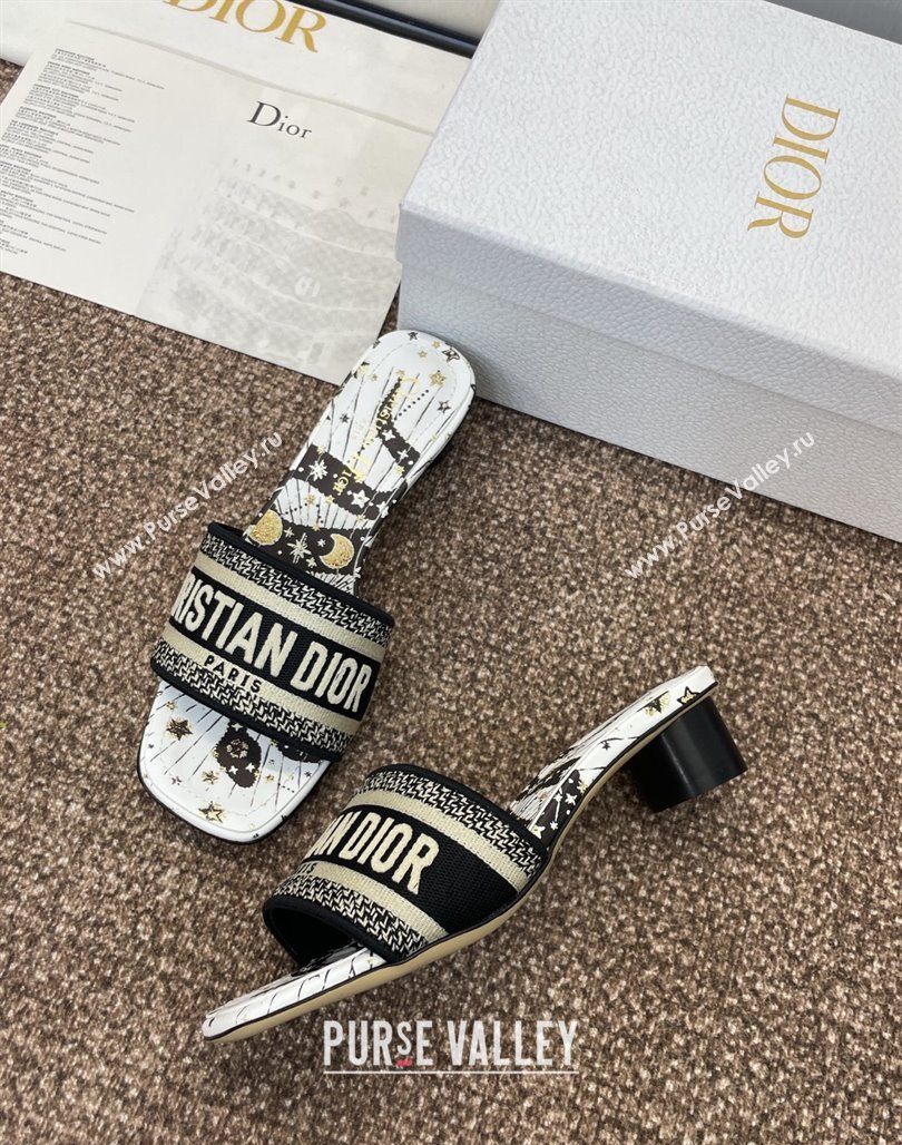 Dior Dway Heel Slides Sandal 4.5cm in Embroidered Cotton with Black and Beige Astral Motif 2025 (MD-250425080)