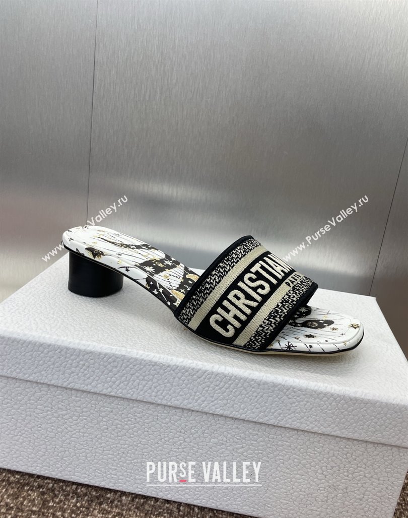 Dior Dway Heel Slides Sandal 4.5cm in Embroidered Cotton with Black and Beige Astral Motif 2025 (MD-250425080)