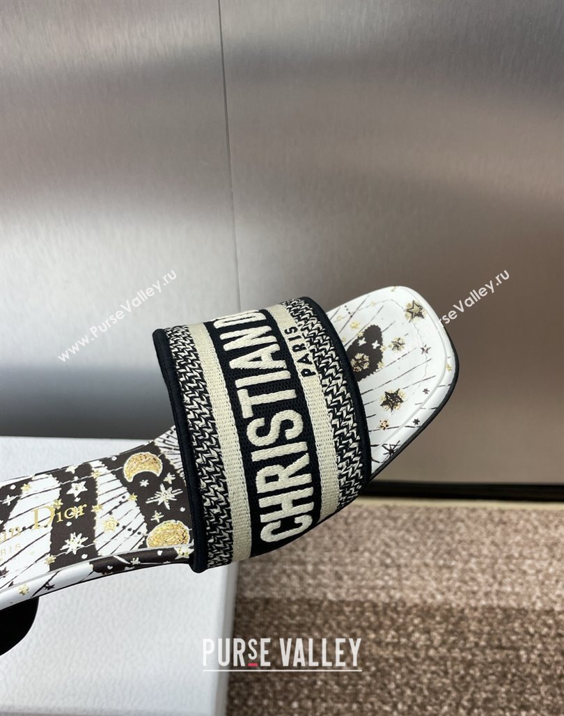 Dior Dway Heel Slides Sandal 4.5cm in Embroidered Cotton with Black and Beige Astral Motif 2025 (MD-250425080)
