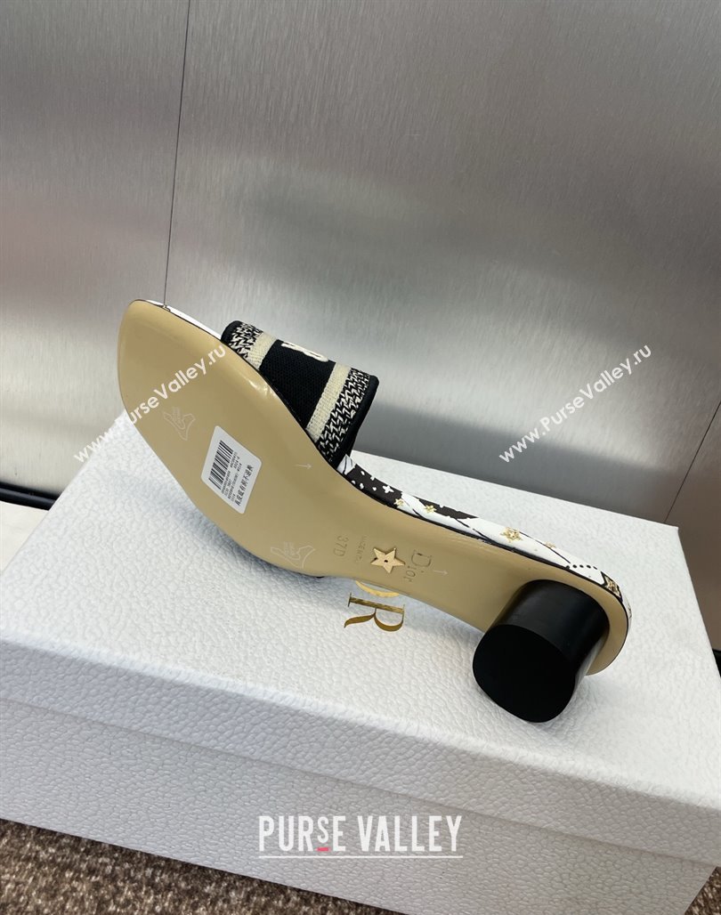 Dior Dway Heel Slides Sandal 4.5cm in Embroidered Cotton with Black and Beige Astral Motif 2025 (MD-250425080)